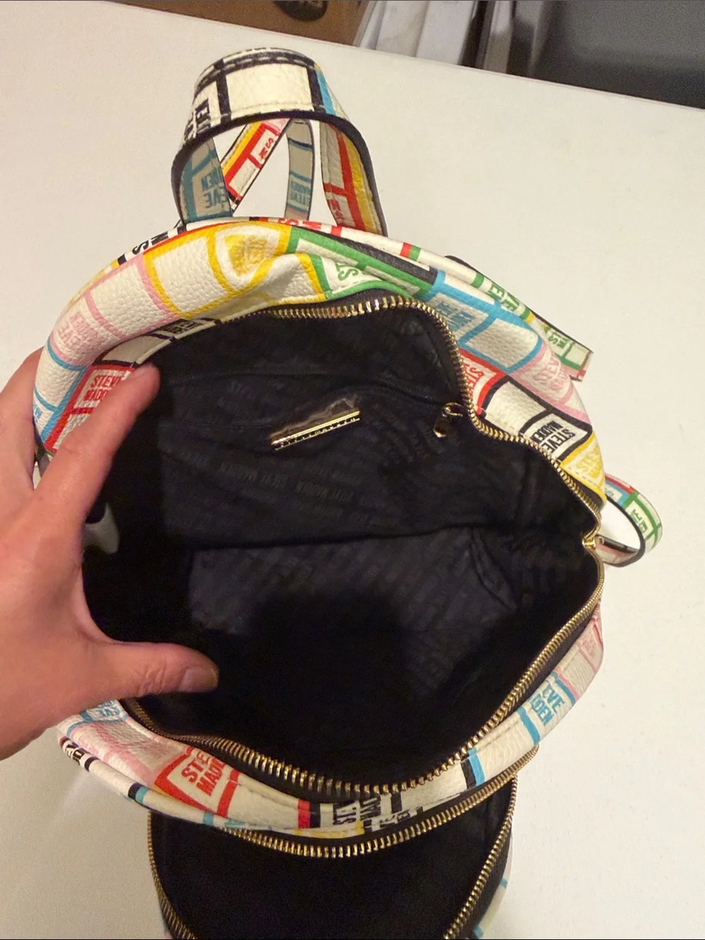 Steve Madden White Mini Backpack with Multicolor Logo Grid